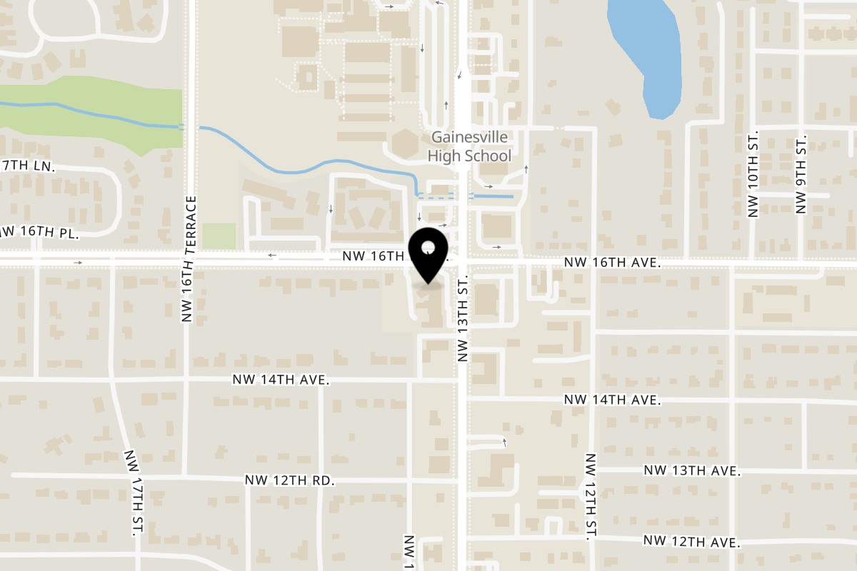Map showing the location of Bowie Pizza on 1522 NW 13th St in Gainesville